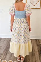 Multicolour Floral Print Striped Color Block Patchwork Square Neck Shirred Long Dress
