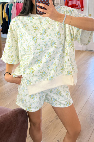 Sky Blue Floral Print Short Sleeve Elastic Waist Pocket Two Piece Set