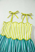 Green Stripe Scalloped Contrast Patchwork Knot Strap Midi Dress