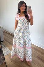 Multicolour Floral Print Striped Detail Knot Straps Maxi Dress
