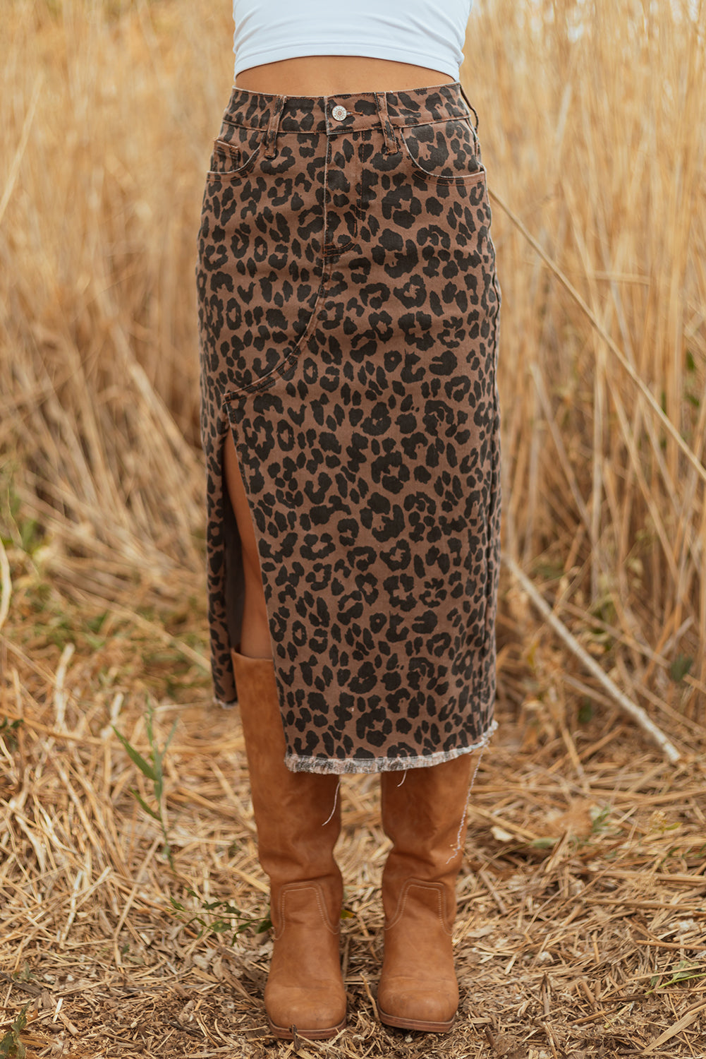 Sky Blue Leopard Print Frayed Edge Denim Skirt Long Casual Daily Wear
