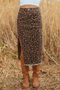 Sky Blue Leopard Print Frayed Edge Denim Skirt Long Casual Daily Wear
