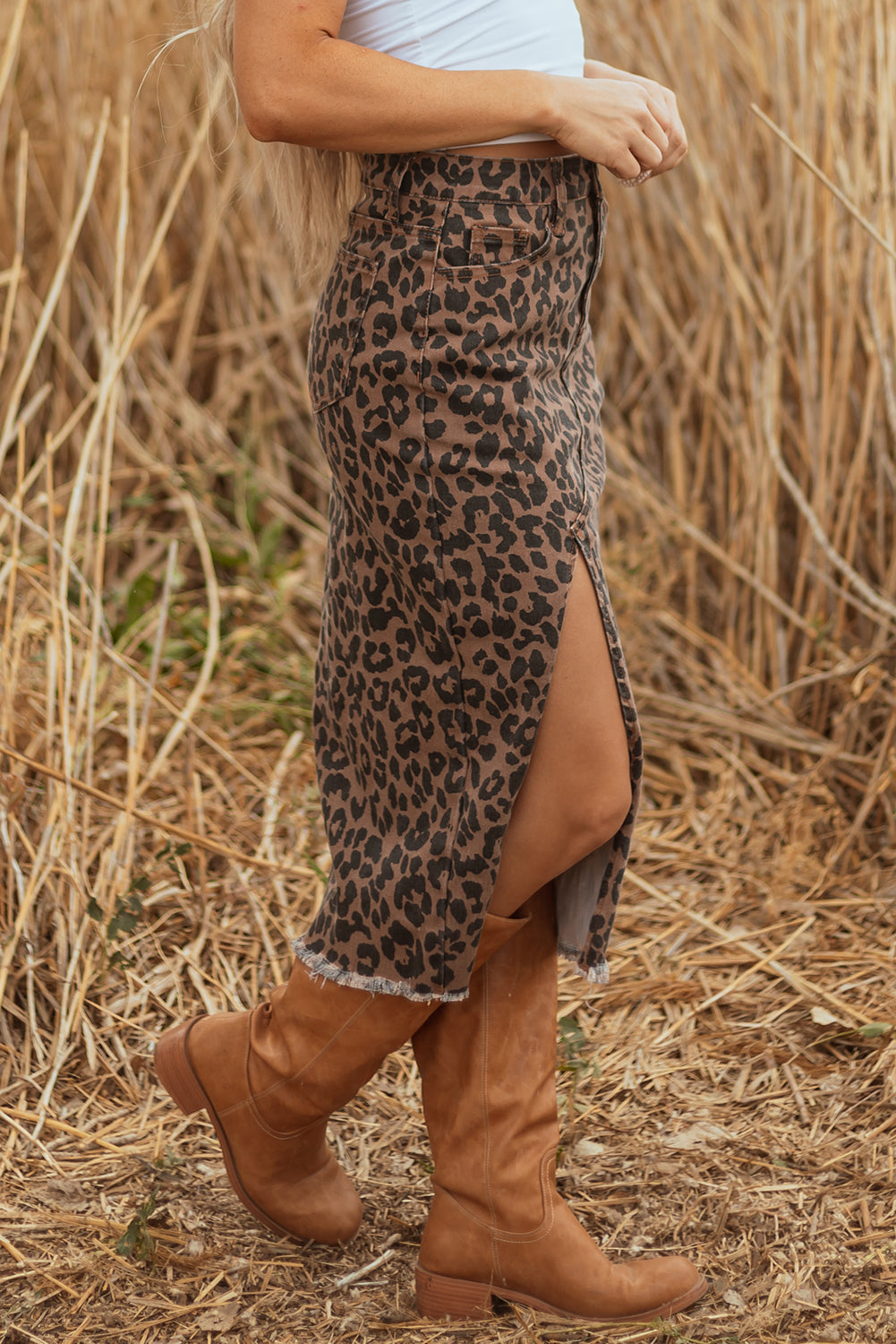Sky Blue Leopard Print Frayed Edge Denim Skirt Long Casual Daily Wear
