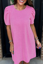 Mint Green Corded Knit Crew Neck Puff Sleeve Shift Mini Dress