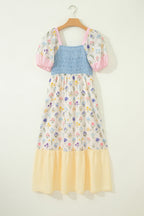 Multicolour Floral Print Striped Color Block Patchwork Square Neck Shirred Long Dress