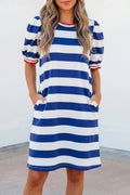 Blue Stripe Contrast Trim Round Neck Short Puff Sleeve Shift Mini Dress