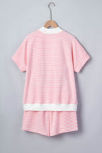 Pink Stripe Contrast Trim High Neck Short Sleeve LAKE WEEKEND 2pcs Short Set