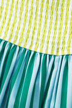 Green Stripe Scalloped Contrast Patchwork Knot Strap Midi Dress