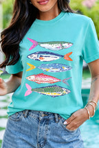 Mint Green Vibrant Fish Print Casual Short Sleeve T Shirt