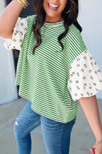 Red Stripe Floral Puff Sleeve Patchwork Round Neck Loose Top