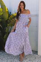 Green Floral Short Bubble Sleeve Shirred High Waist Maxi Dress