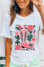 White Western Boots Flower Print Round Neck T Shirt