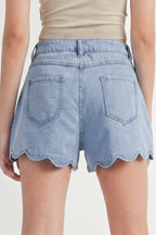 Myosotis Solid Color Scalloped Trim Casual Denim Shorts