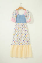 Multicolour Floral Print Striped Color Block Patchwork Square Neck Shirred Long Dress