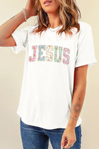 White JESUS Floral Pearl Printed Letter Graphic Tee